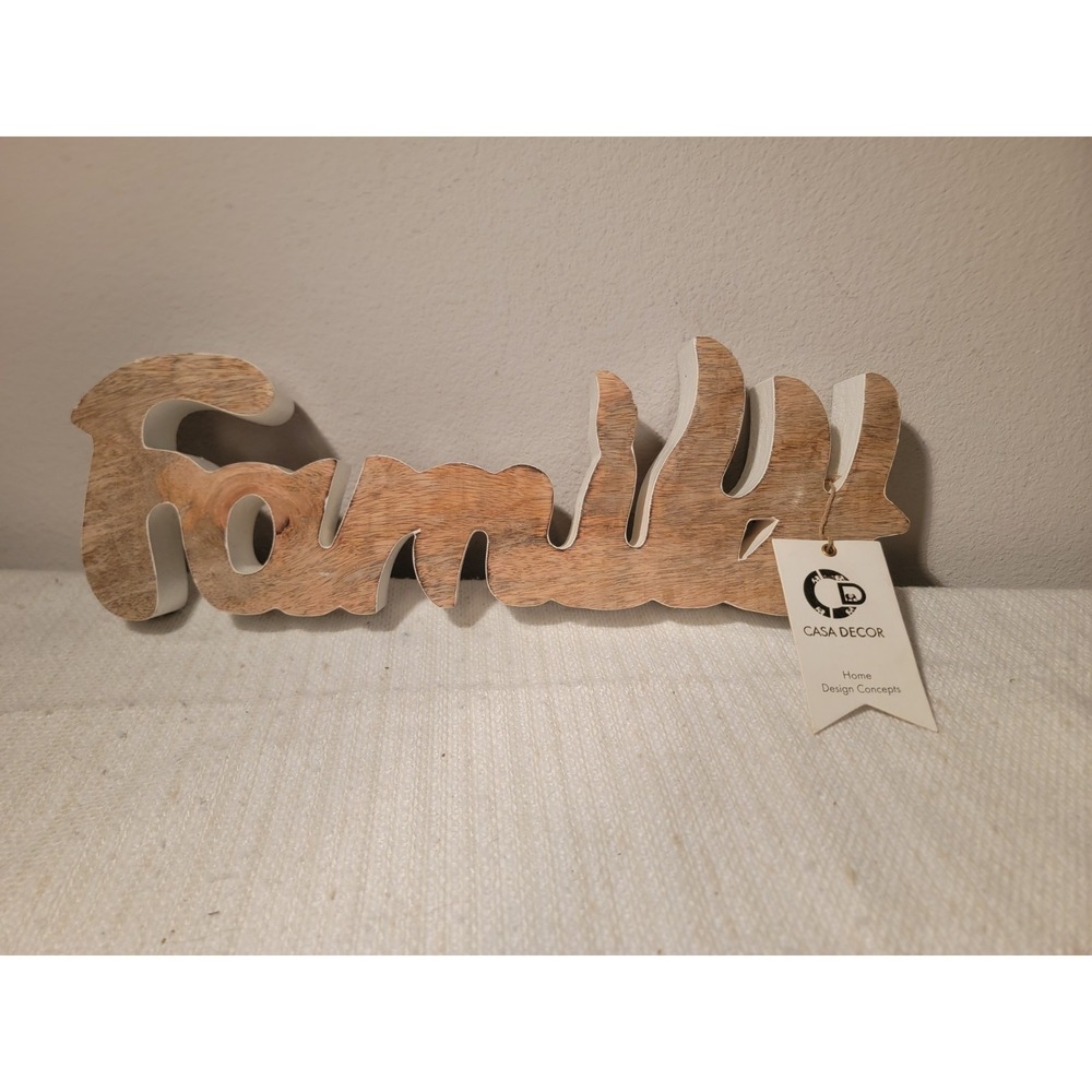 Casa Decor Family Cursive Wood Brown‎ & White Decor Sign  15"x4"x1" New With Tag
